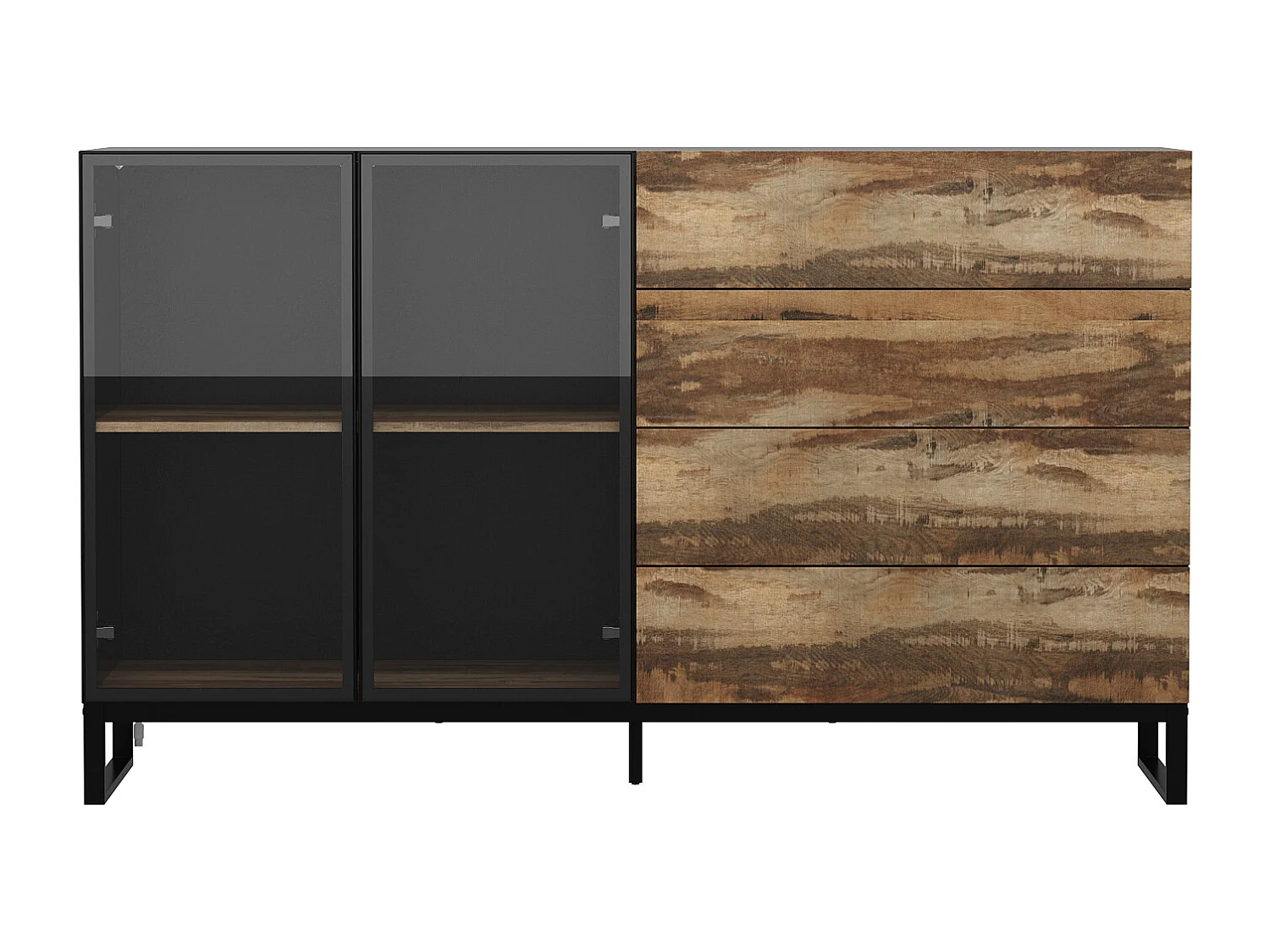 Vitrine à Lumière LED, Buffet avec 2 Portes en Verre et 4 Tiroirs avec Aspect du Bois, Salon, 160x41x95, Noir Brillant