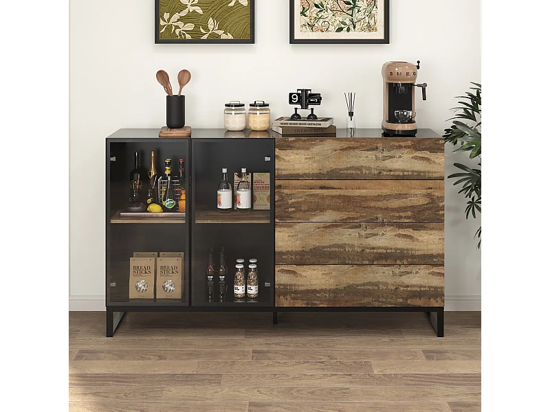 Vitrine avec 2 Porte en Verre et 4 Tiroirs avce Aspect du Bois, Buffet de Cuisine avec Lumière LED, Salon, 160x41x95, Noir