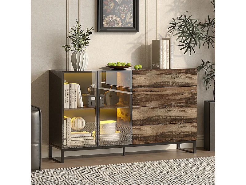 Vitrine à Lumière LED, Buffet avec 2 Portes en Verre et 4 Tiroirs avec Aspect du Bois, Salon, 160x41x95, Noir Brillant