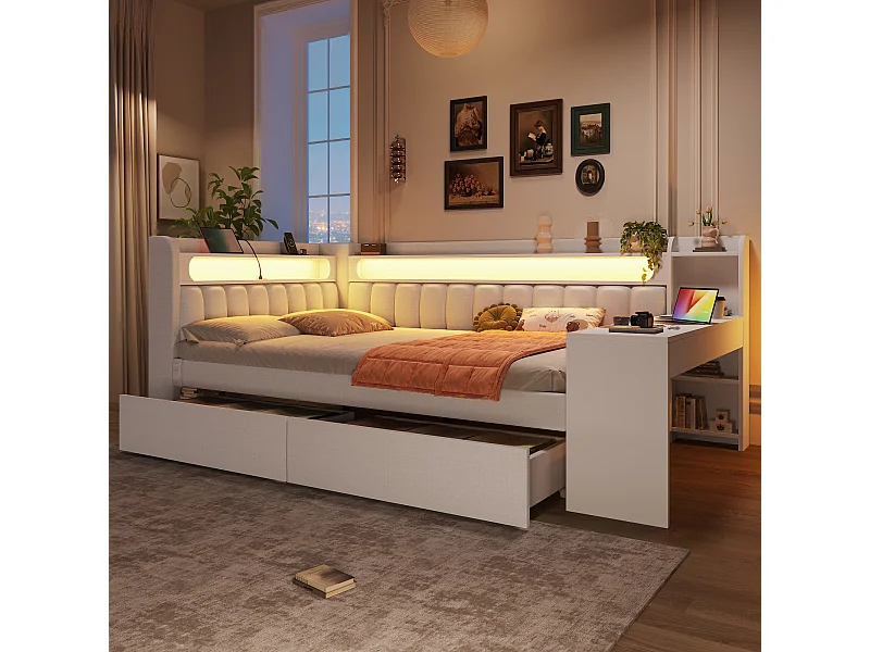 Canapé-lit pour enfant - 140 x 200 cm - avec Leds + USB + bureau + 2 tirois - MDF + lin - blanc