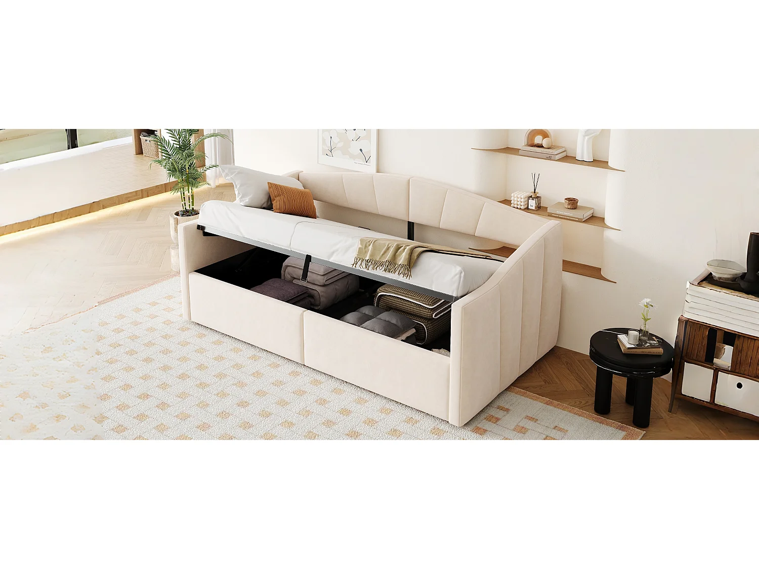 Canapé-lit capitonné - 90 x 200 cm - avec rangement hydraulique + sommier à lattes et accoudoirs - velours - beige