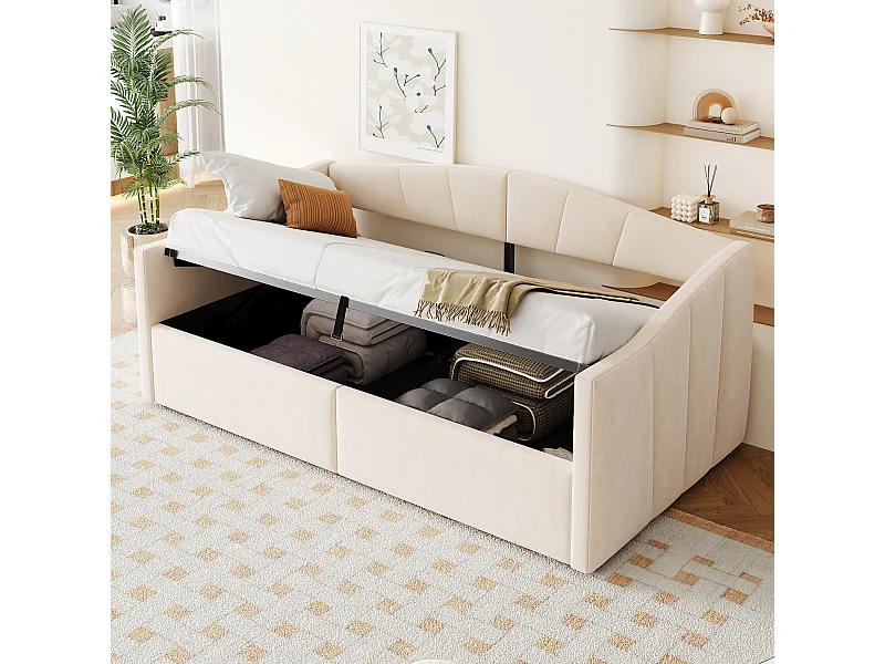 Gepolstertes Schlafsofa – 90 x 200 cm – mit hydraulischem Stauraum, Lattenrost und Armlehnen – Samt – beige