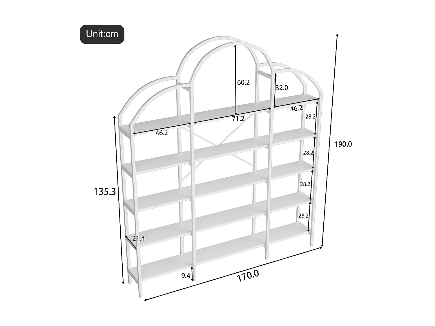 Modernes Metallregal 170×26×190 cm - Wolkenform - 5 Aufbewahrungsebenen - weiß