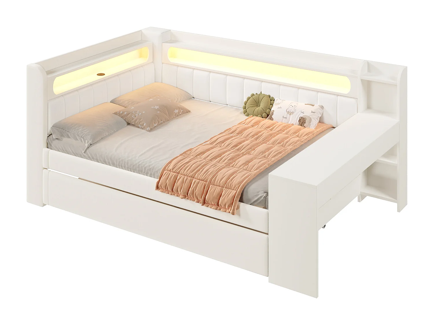 Canapé-lit enfant - 140 x 200 - avec lit gigogne 90 x 190 cm + avec Leds + bureau + rangement - MDF + lin - blanc