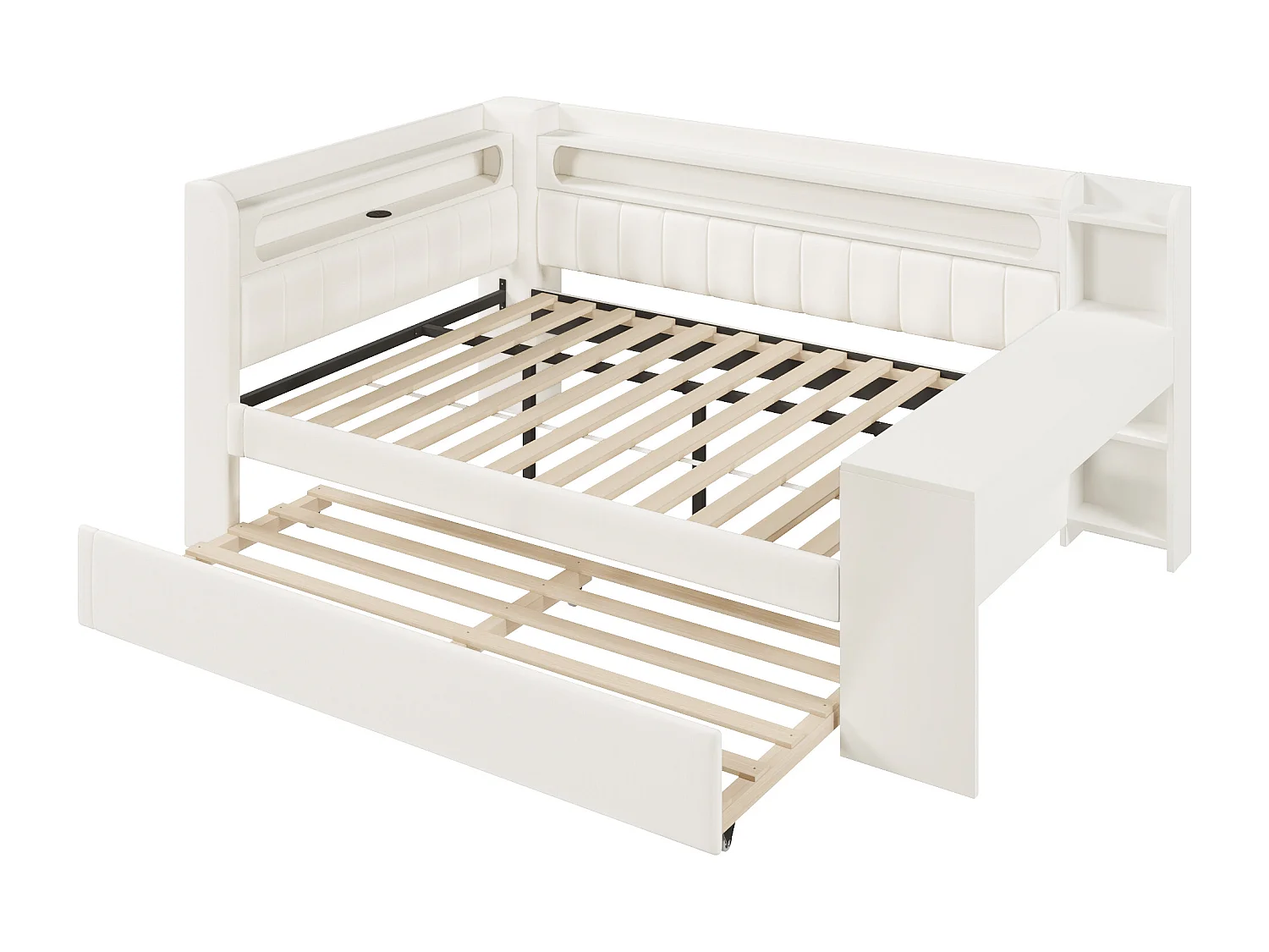 Canapé-lit enfant - 140 x 200 - avec lit gigogne 90 x 190 cm + avec Leds + bureau + rangement - MDF + lin - blanc