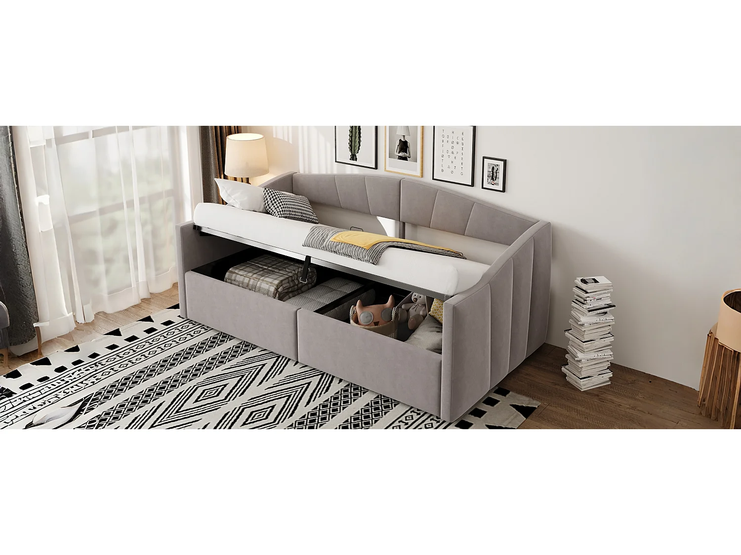 Canapé-lit capitonné - 90 x 200 cm - avec rangement hydraulique + sommier à lattes et accoudoirs - velours - gris