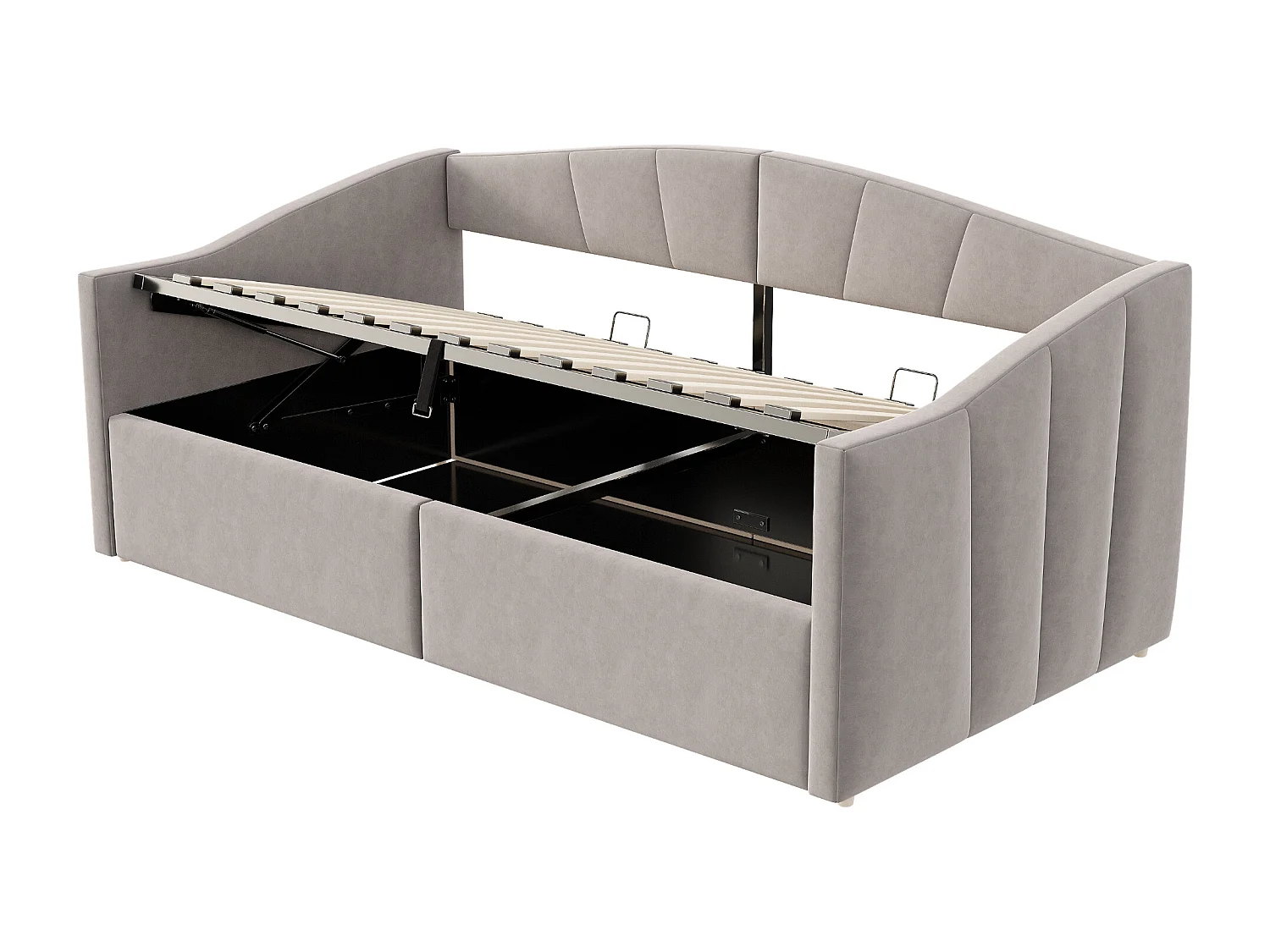 Canapé-lit capitonné - 90 x 200 cm - avec rangement hydraulique + sommier à lattes et accoudoirs - velours - gris