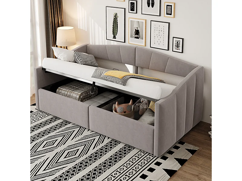 Canapé-lit capitonné - 90 x 200 cm - avec rangement hydraulique + sommier à lattes et accoudoirs - velours - gris