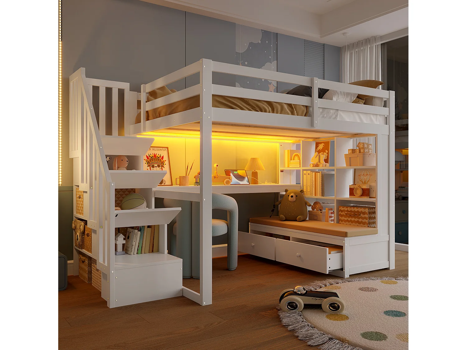 Cama alta infantil - 140 x 200 cm - con escritorio + estantes + 2 cajones + escalera de almacenaje - MDF + madera - blanco