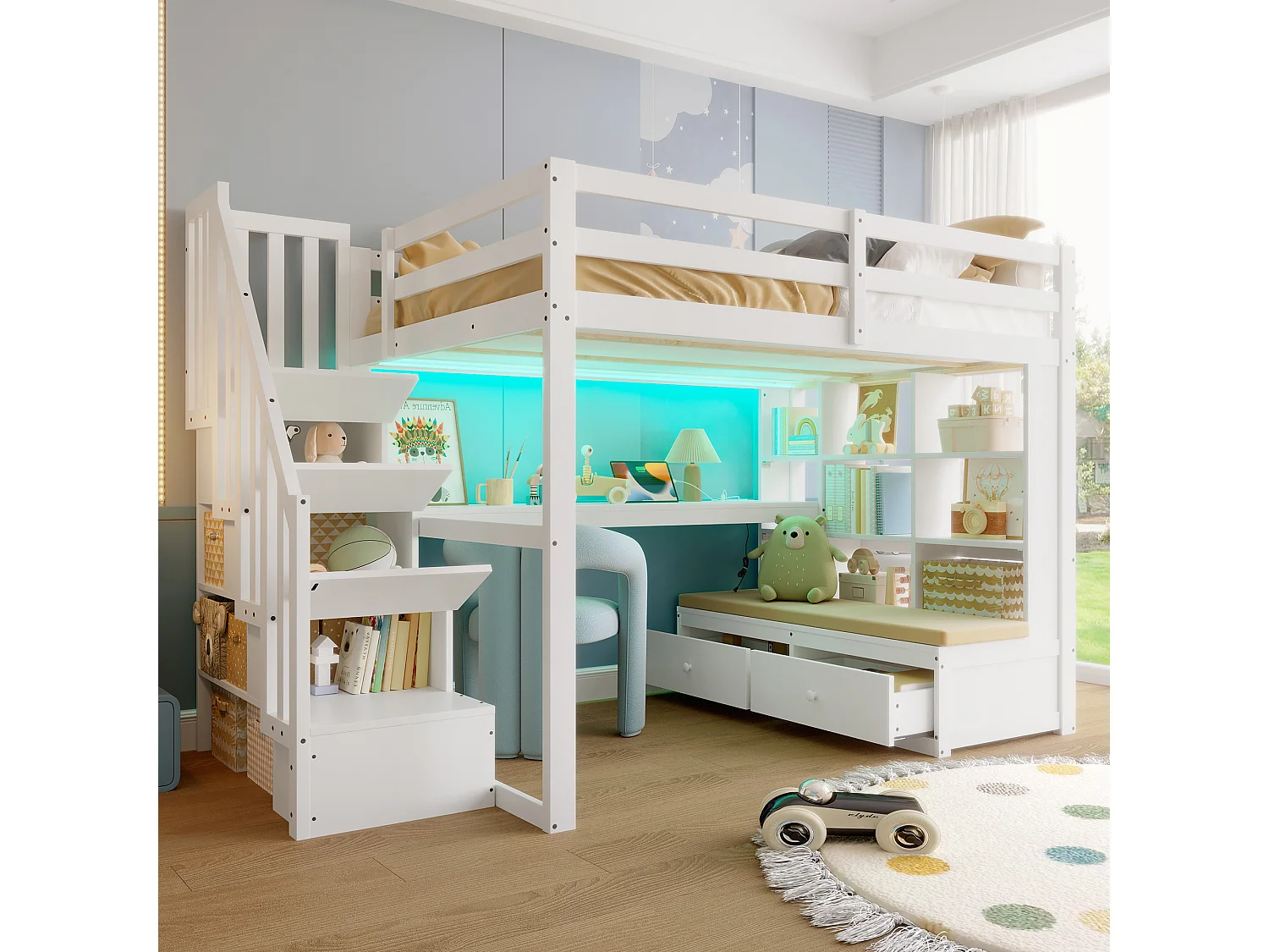 Cama alta infantil - 140 x 200 cm - con escritorio + estantes + 2 cajones + escalera de almacenaje - MDF + madera - blanco