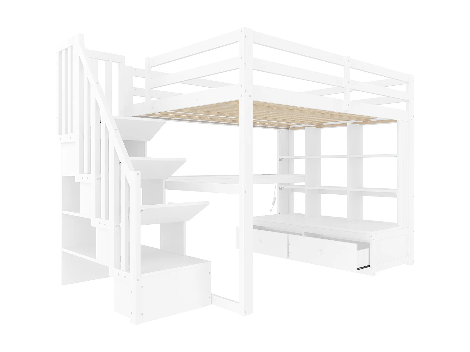 Cama alta infantil - 140 x 200 cm - con escritorio + estantes + 2 cajones + escalera de almacenaje - MDF + madera - blanco