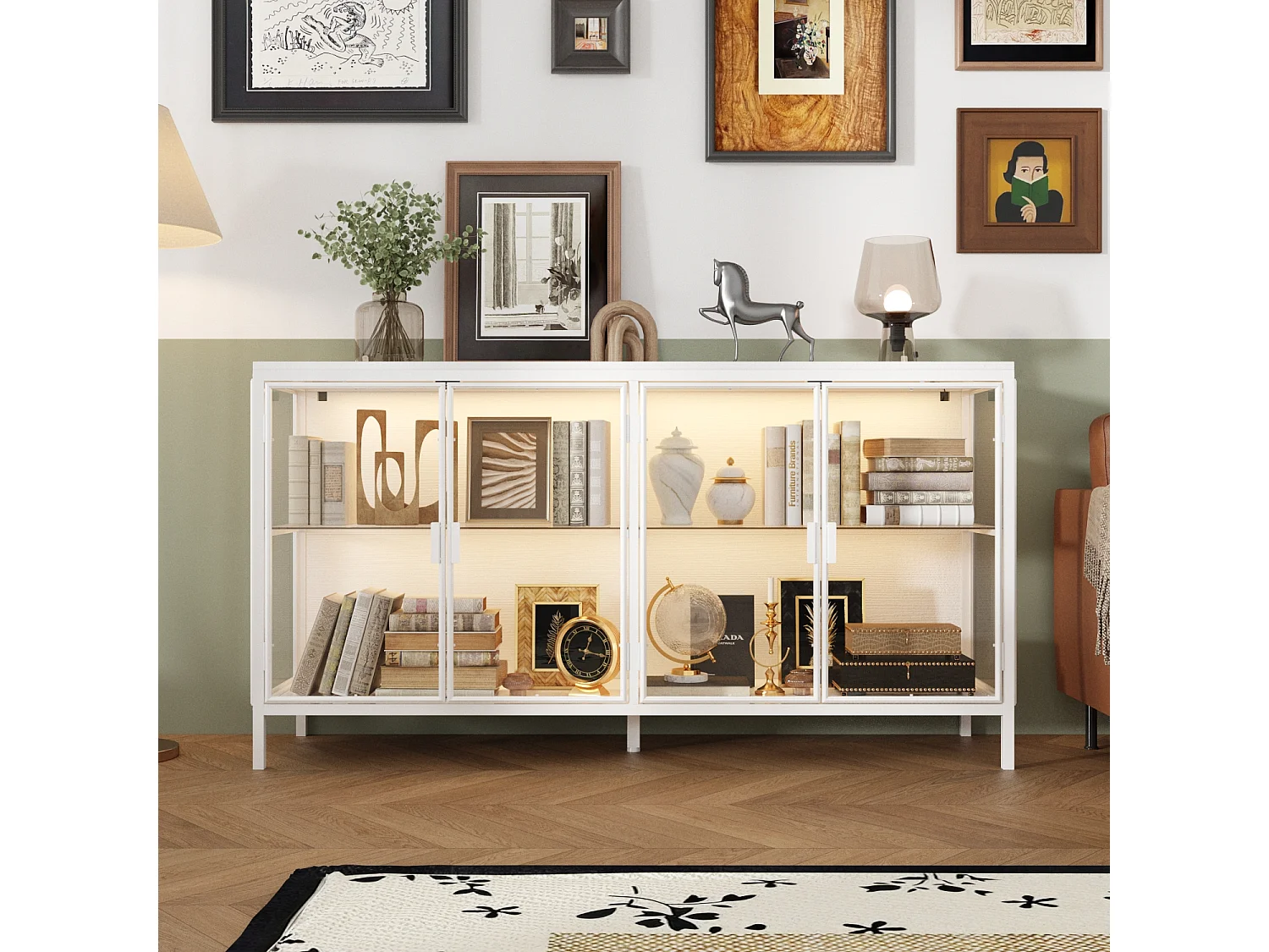 Buffet de Salon en verre avec 4 Portes, Vitrine de Collection à Lumières LED Tricolores, Bureau et Salon, 140x40x75, Blanc