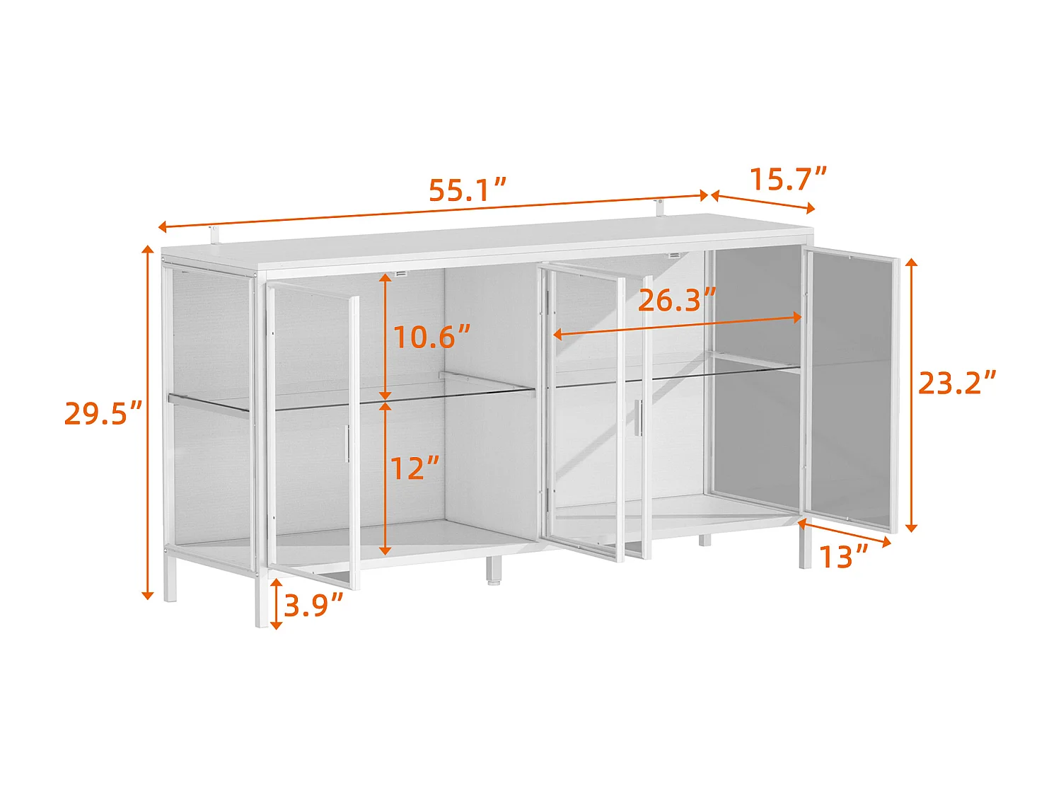Buffet de Salon en verre avec 4 Portes, Vitrine de Collection à Lumières LED Tricolores, Bureau et Salon, 140x40x75, Blanc