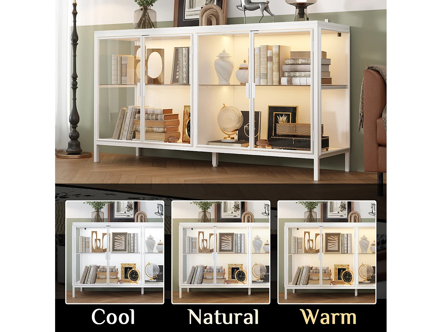 Buffet de Salon en verre avec 4 Portes, Vitrine de Collection à Lumières LED Tricolores, Bureau et Salon, 140x40x75, Blanc