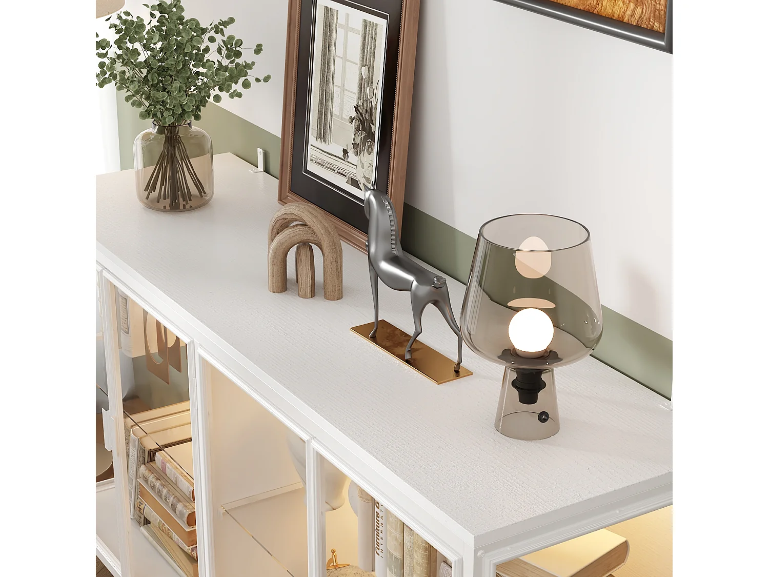 Buffet de Salon en verre avec 4 Portes, Vitrine de Collection à Lumières LED Tricolores, Bureau et Salon, 140x40x75, Blanc