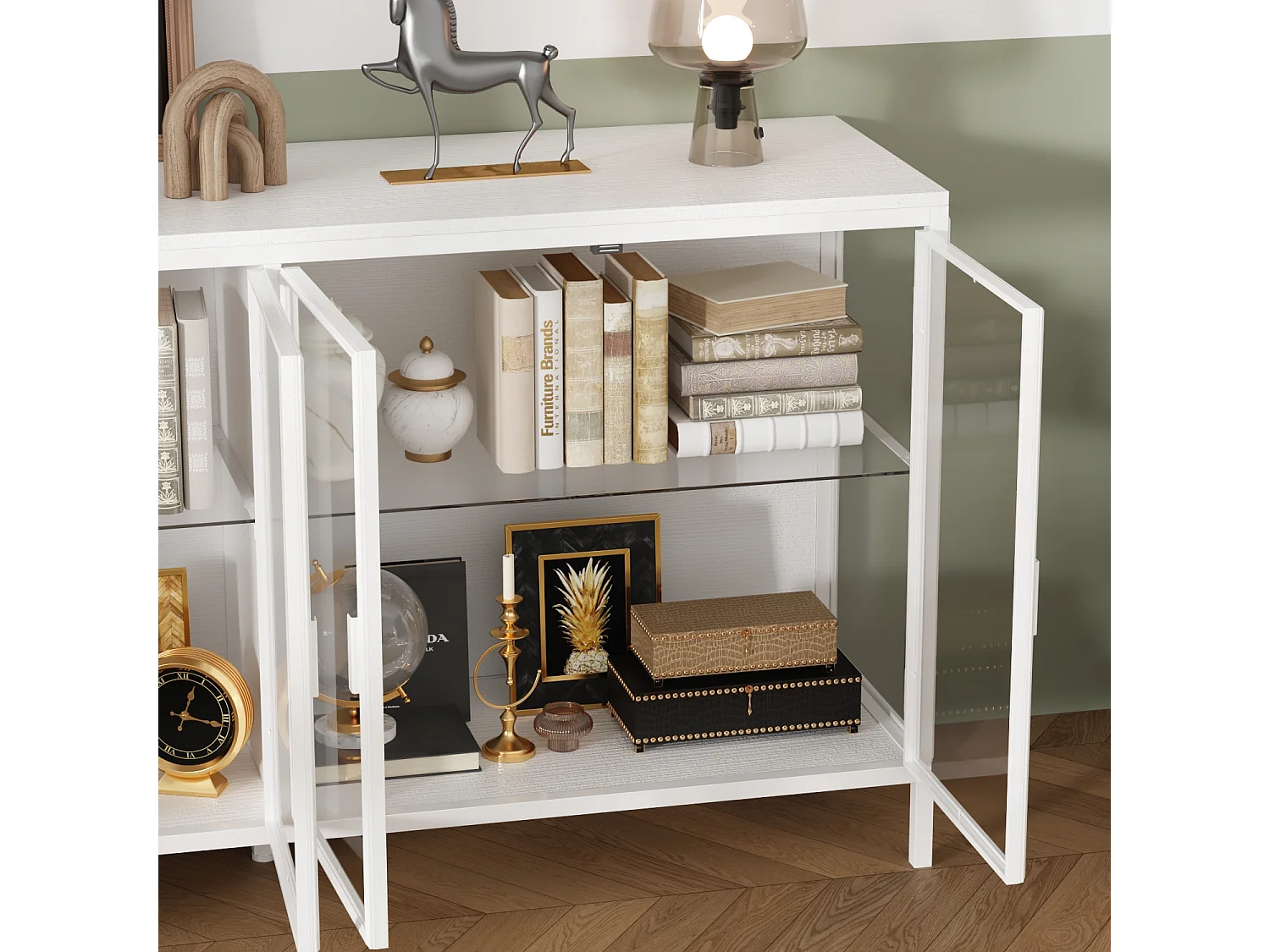 Buffet de Salon en verre avec 4 Portes, Vitrine de Collection à Lumières LED Tricolores, Bureau et Salon, 140x40x75, Blanc