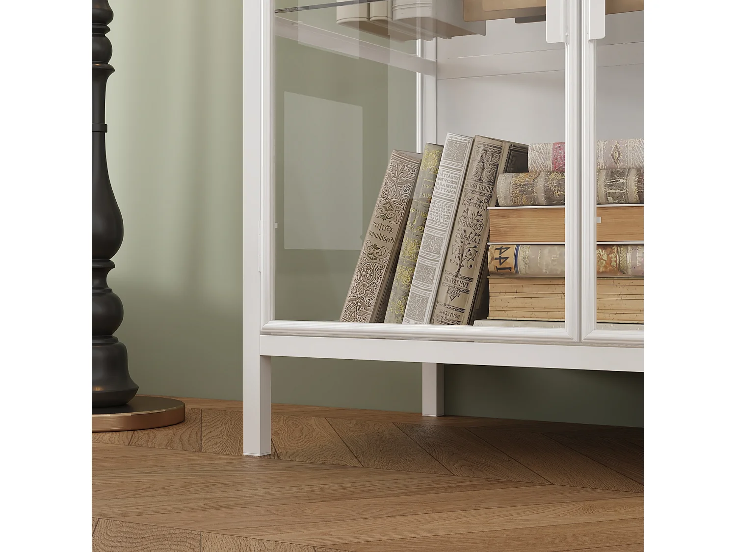 Buffet de Salon en verre avec 4 Portes, Vitrine de Collection à Lumières LED Tricolores, Bureau et Salon, 140x40x75, Blanc