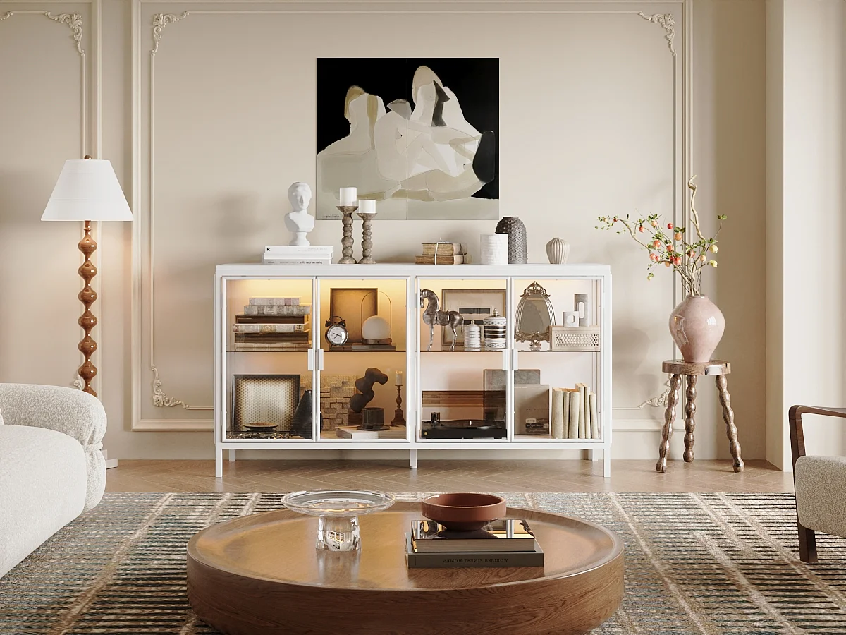 Buffet de Salon en verre avec 4 Portes, Vitrine de Collection à Lumières LED Tricolores, Bureau et Salon, 140x40x75, Blanc