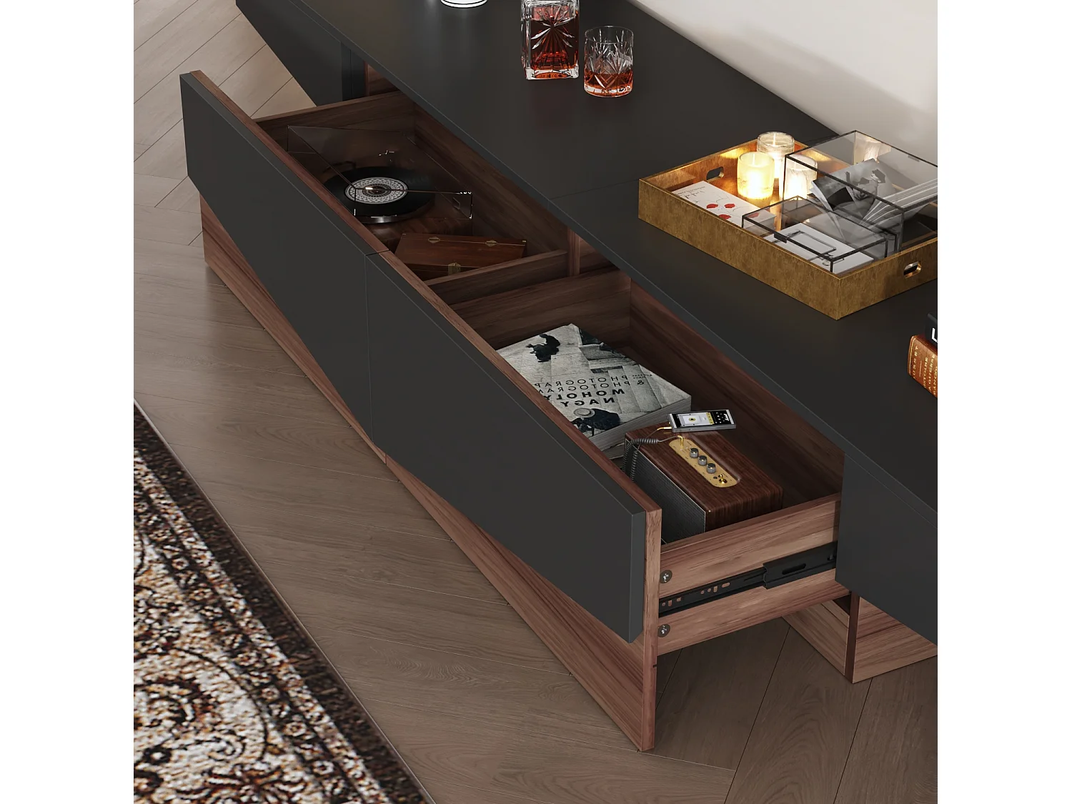 Meuble TV - Support TV avec 2 Tiroirs, Meuble Bas de forme triangulaire inversée, Salon, 200 x 40 x 30.5cm, Noir et Marron