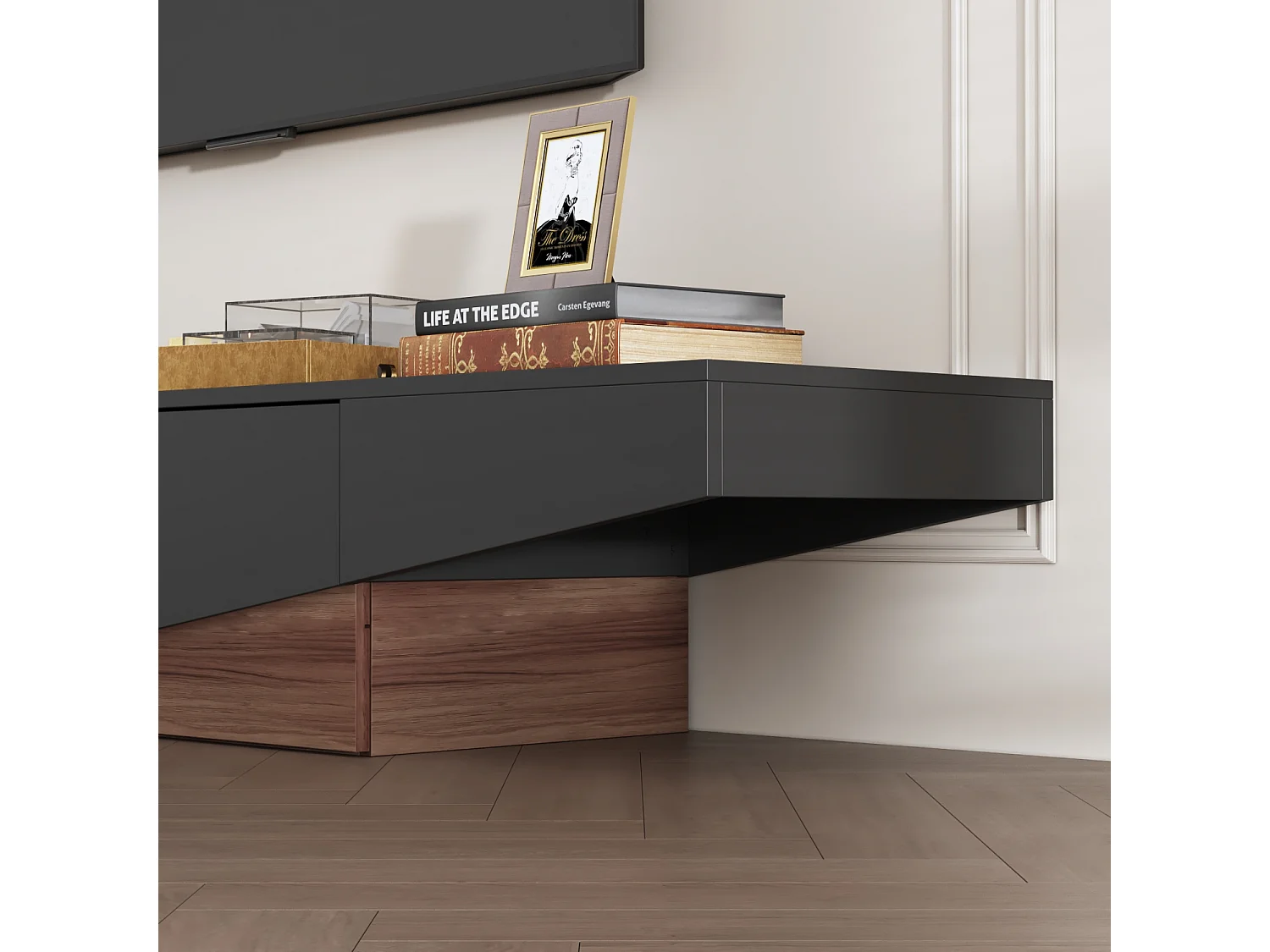 Meuble TV - Support TV avec 2 Tiroirs, Meuble Bas de forme triangulaire inversée, Salon, 200 x 40 x 30.5cm, Noir et Marron