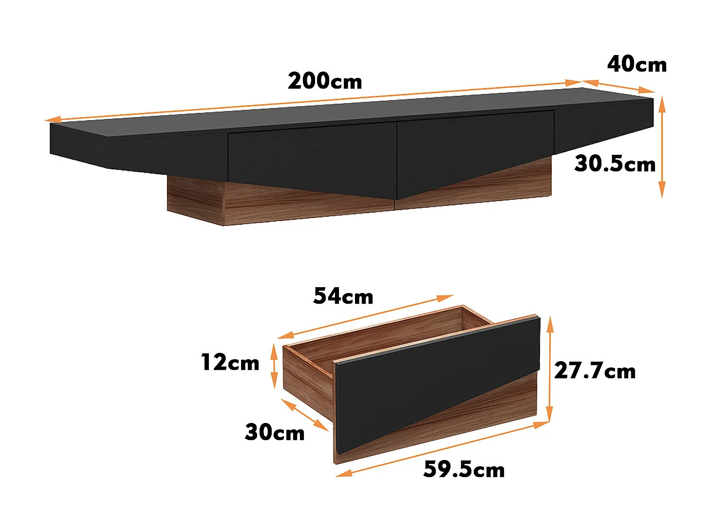 Meuble TV - Support TV avec 2 Tiroirs, Meuble Bas de forme triangulaire inversée, Salon, 200 x 40 x 30.5cm, Noir et Marron