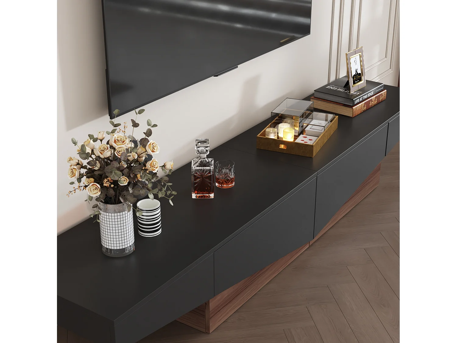 Meuble TV - Support TV avec 2 Tiroirs, Meuble Bas de forme triangulaire inversée, Salon, 200 x 40 x 30.5cm, Noir et Marron