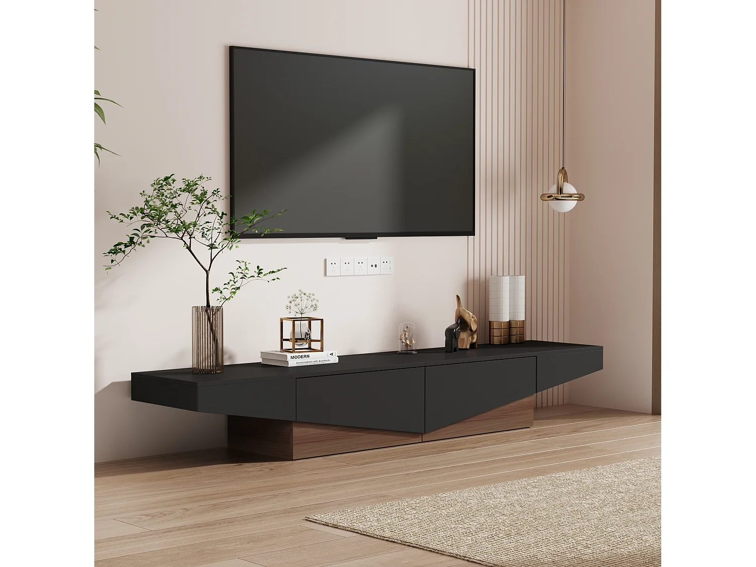 Meuble TV - Support TV avec 2 Tiroirs, Meuble Bas de forme triangulaire inversée, Salon, 200 x 40 x 30.5cm, Noir et Marron