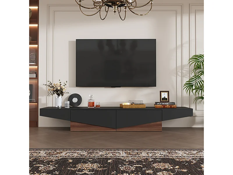 Meuble TV - Support TV avec 2 Tiroirs, Meuble Bas de forme triangulaire inversée, Salon, 200 x 40 x 30.5cm, Noir et Marron