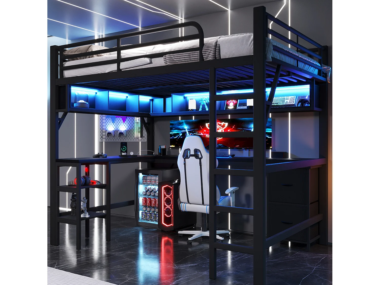 Lit mezzanine en métal pour enfant - 140 x 200 cm - avec bibliothèque + bureau + armoire + USB + Leds - noir