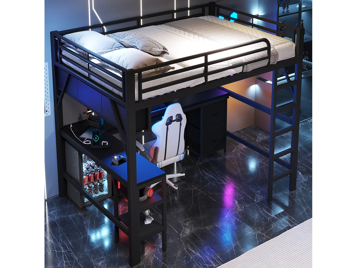 Lit mezzanine en métal pour enfant - 140 x 200 cm - avec bibliothèque + bureau + armoire + USB + Leds - noir