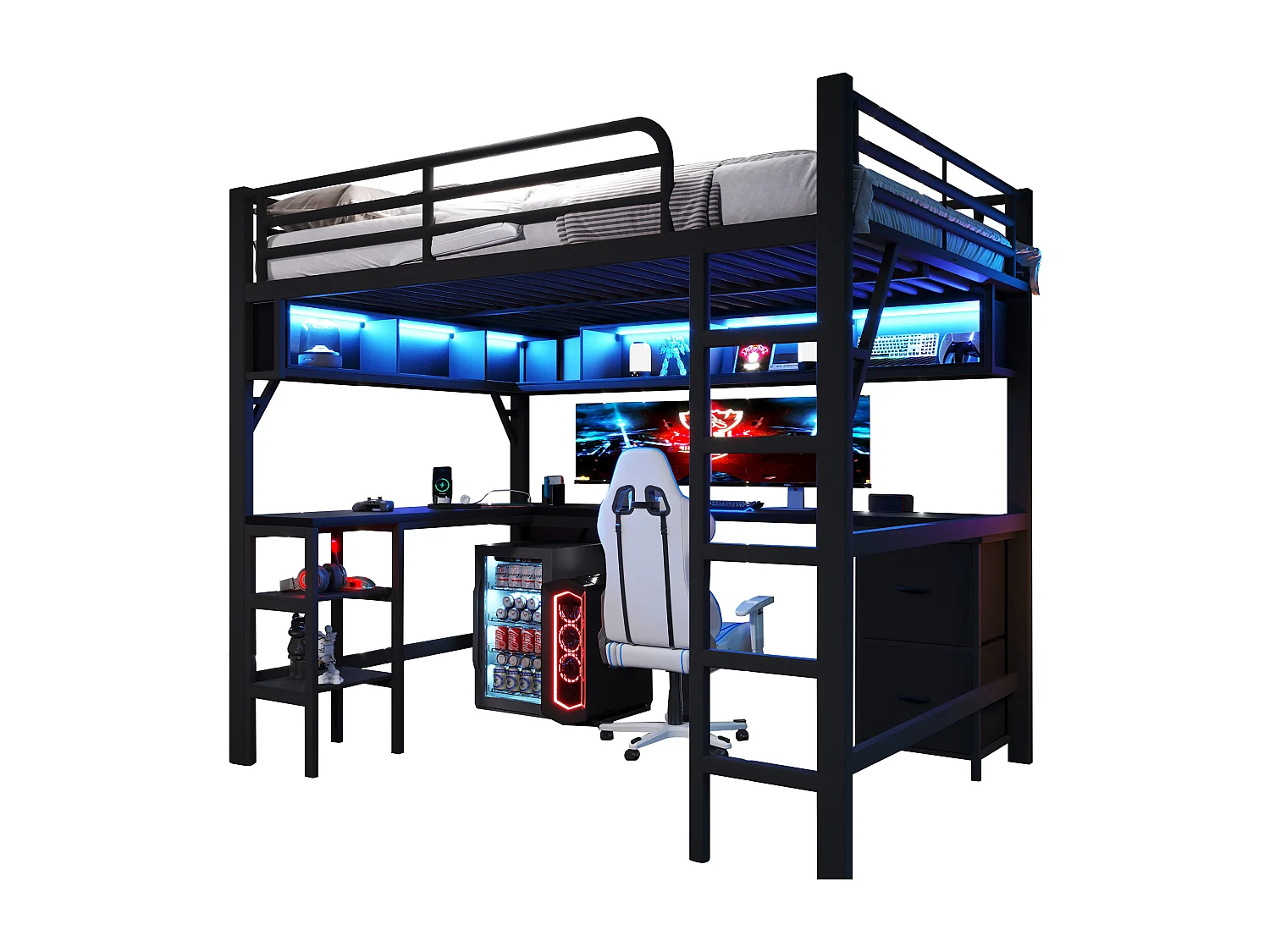 Lit mezzanine en métal pour enfant - 140 x 200 cm - avec bibliothèque + bureau + armoire + USB + Leds - noir