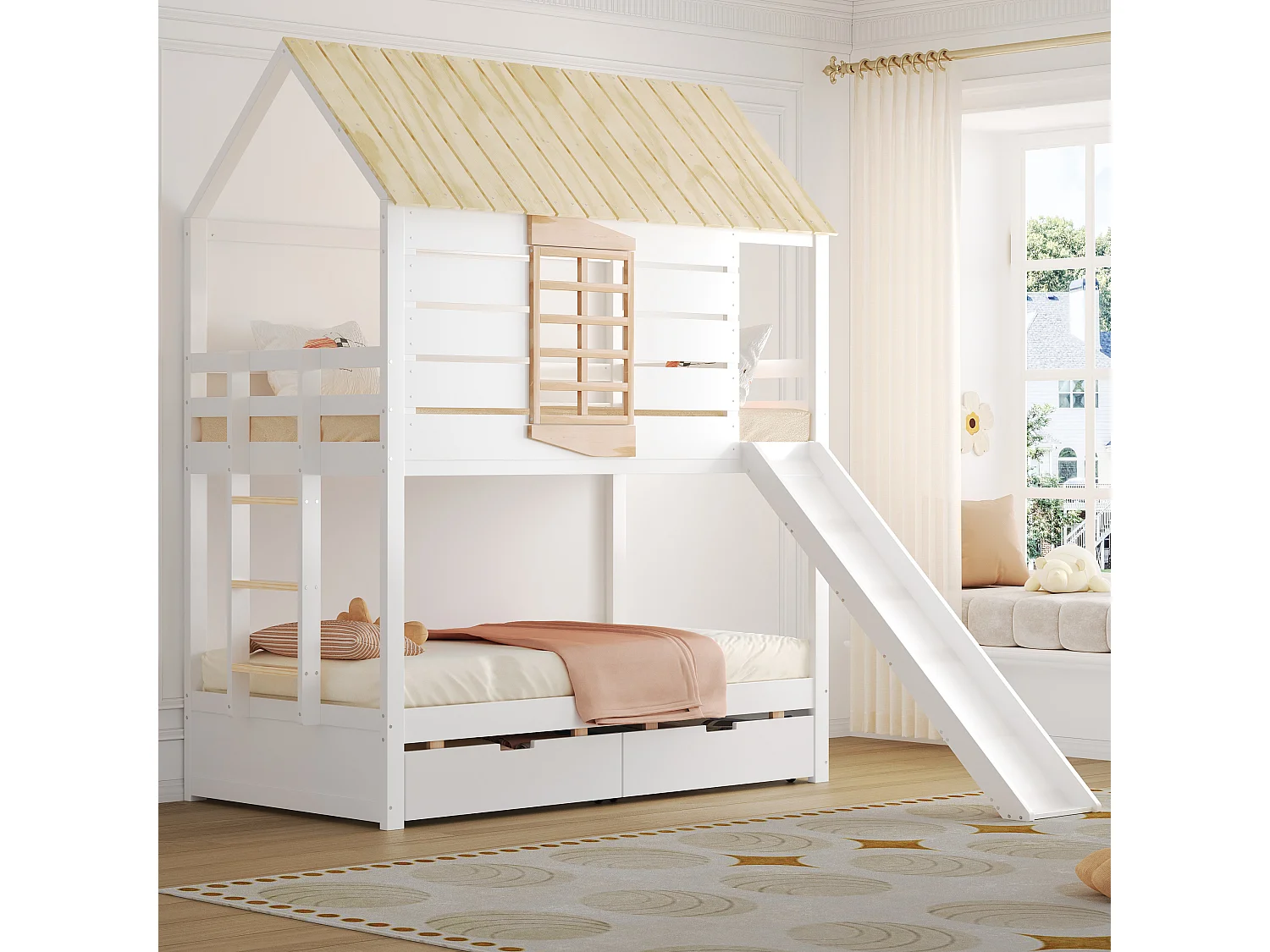 Lit superposés en forme de maison pour enfant - 2 x 90 x 200 cm - avec toboggan + 2 tiroirs - MDF+ bois - blanc et naturel