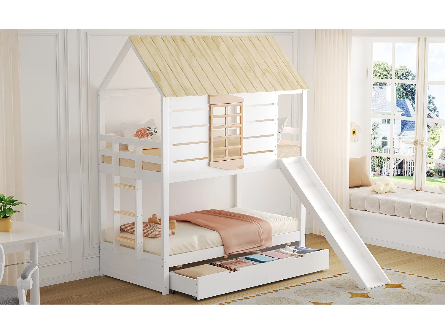 Lit superposés en forme de maison pour enfant - 2 x 90 x 200 cm - avec toboggan + 2 tiroirs - MDF+ bois - blanc et naturel