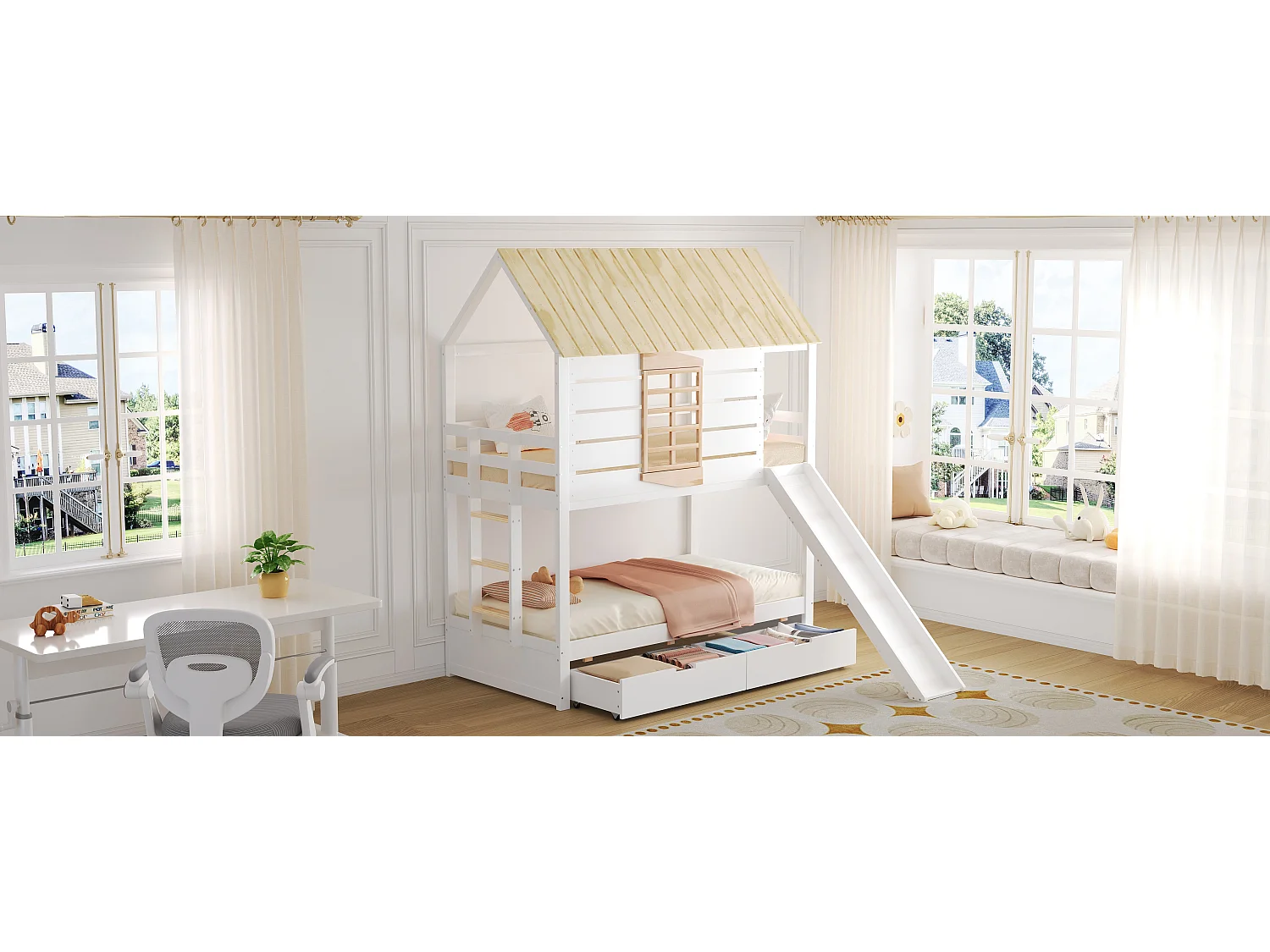 Lit superposés en forme de maison pour enfant - 2 x 90 x 200 cm - avec toboggan + 2 tiroirs - MDF+ bois - blanc et naturel