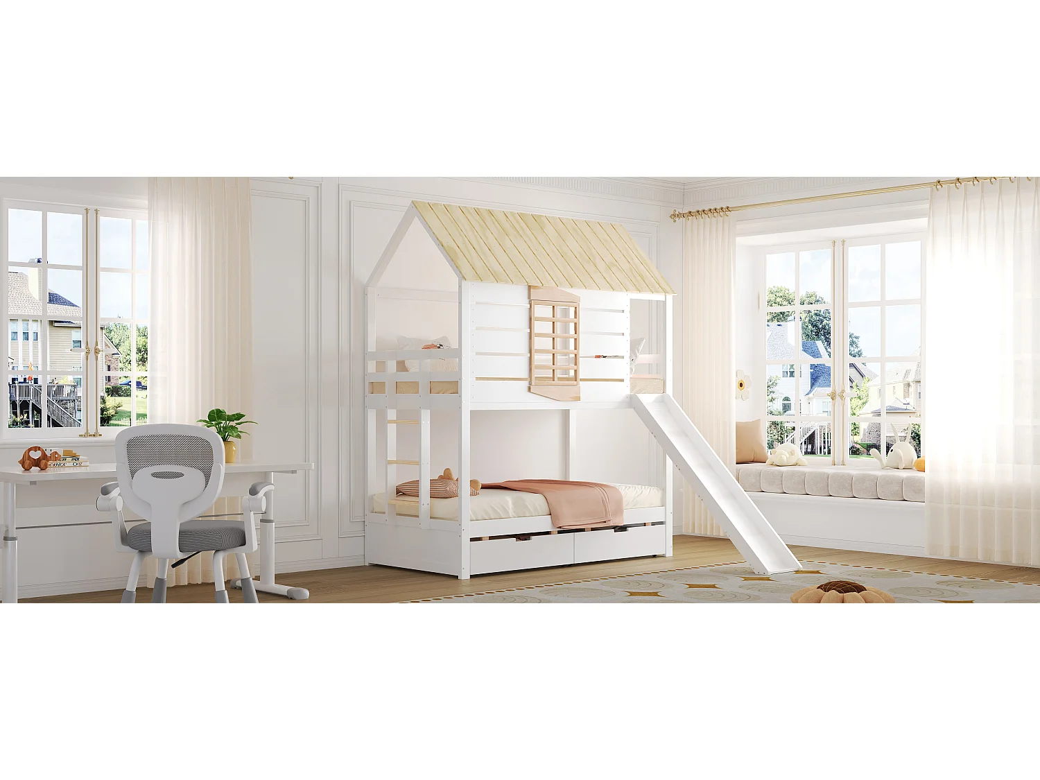 Lit superposés en forme de maison pour enfant - 2 x 90 x 200 cm - avec toboggan + 2 tiroirs - MDF+ bois - blanc et naturel