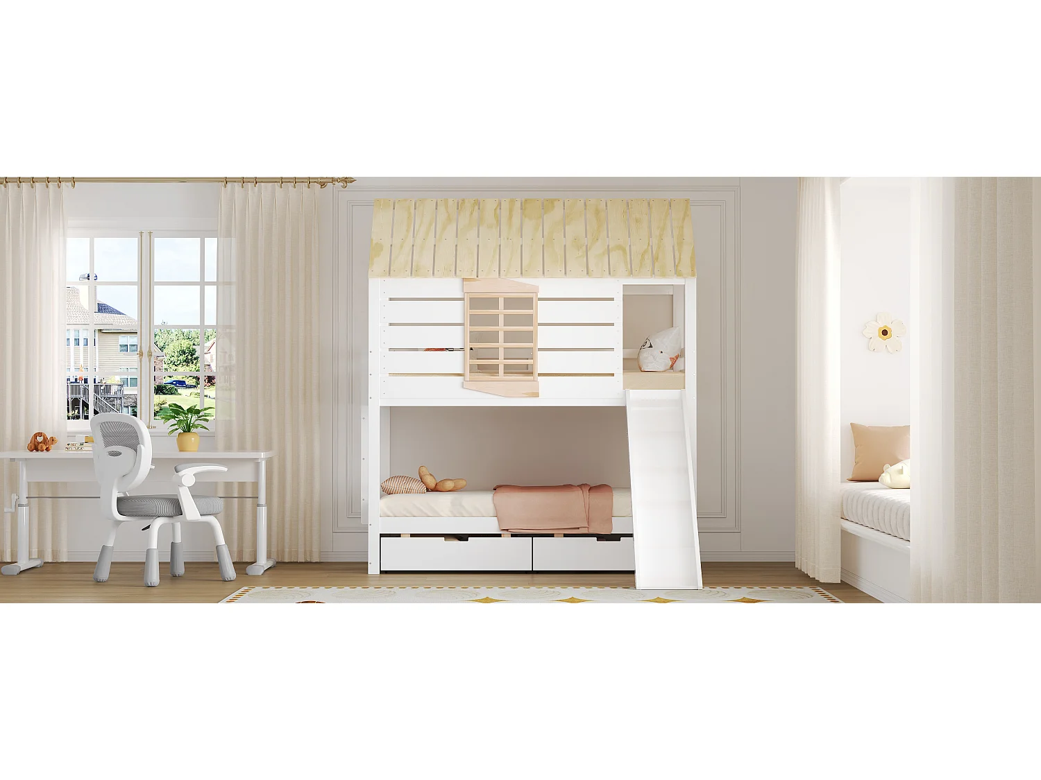 Lit superposés en forme de maison pour enfant - 2 x 90 x 200 cm - avec toboggan + 2 tiroirs - MDF+ bois - blanc et naturel