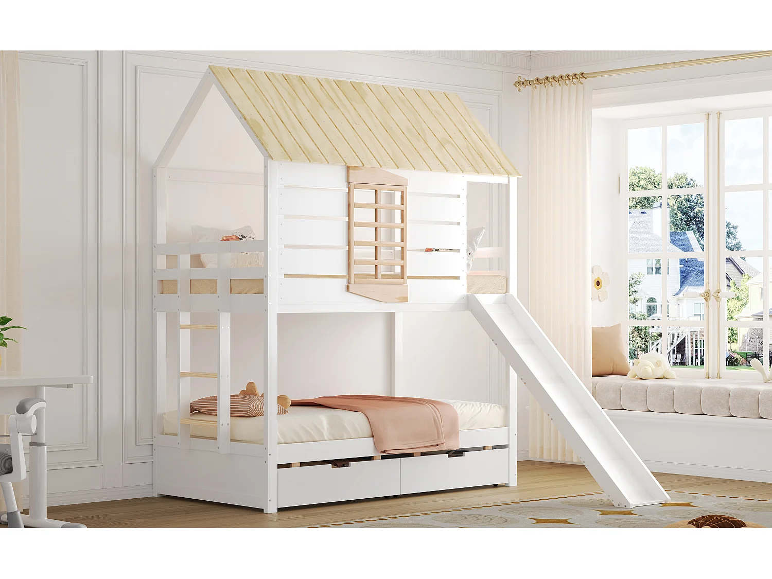 Lit superposés en forme de maison pour enfant - 2 x 90 x 200 cm - avec toboggan + 2 tiroirs - MDF+ bois - blanc et naturel