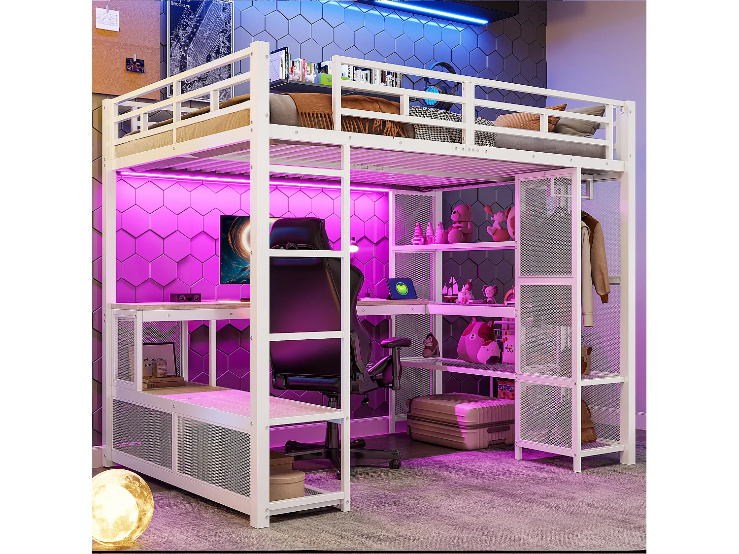 Lit mezzanine en métal pour enfant - 140 x 200 cm - avec bureau + étagère de rangement + penderie ouverte + USB + Leds - blanc