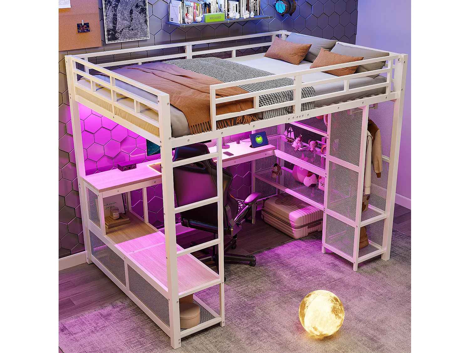 Lit mezzanine en métal pour enfant - 140 x 200 cm - avec bureau + étagère de rangement + penderie ouverte + USB + Leds - blanc