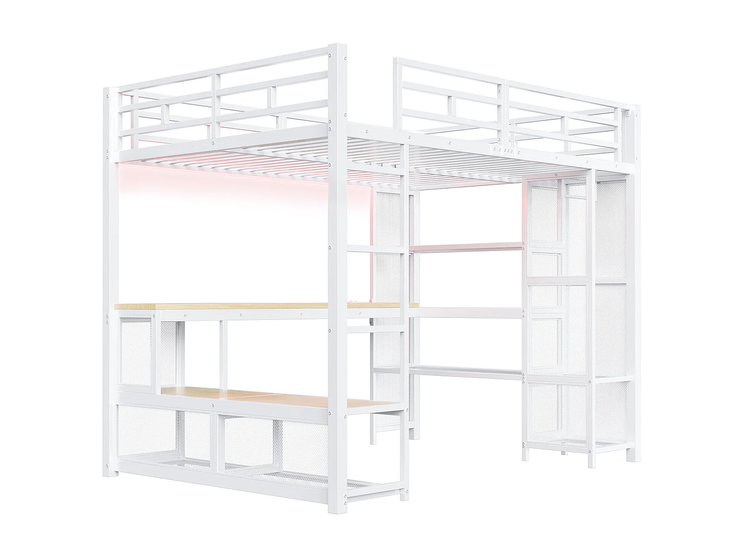 Lit mezzanine en métal pour enfant - 140 x 200 cm - avec bureau + étagère de rangement + penderie ouverte + USB + Leds - blanc