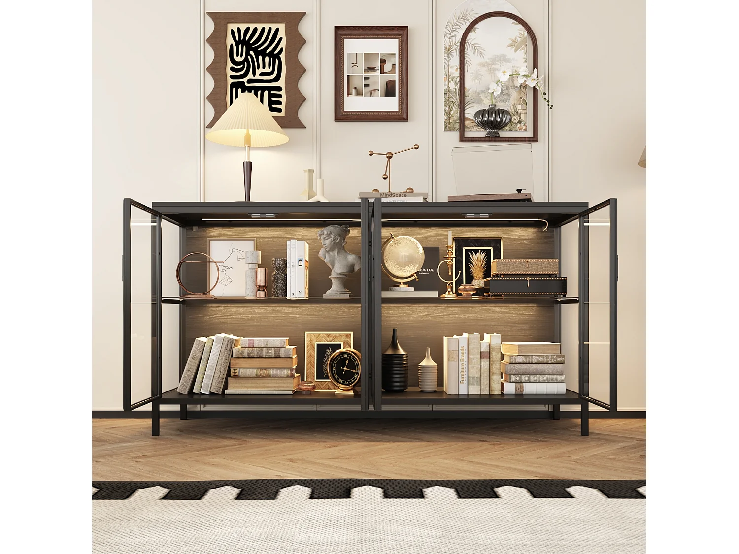 Buffet de Salon en verre avec 4 Portes, Vitrine de Collection à Lumières LED Tricolores, Bureau et Salon, 140x40x75, Noir