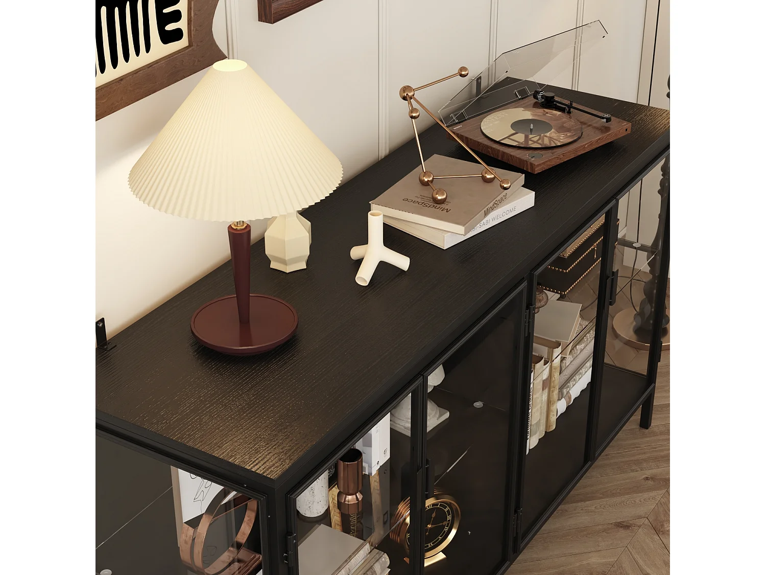 Buffet de Salon en verre avec 4 Portes, Vitrine de Collection à Lumières LED Tricolores, Bureau et Salon, 140x40x75, Noir