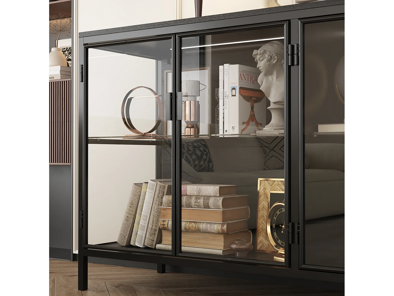 Buffet de Salon en verre avec 4 Portes, Vitrine de Collection à Lumières LED Tricolores, Bureau et Salon, 140x40x75, Noir