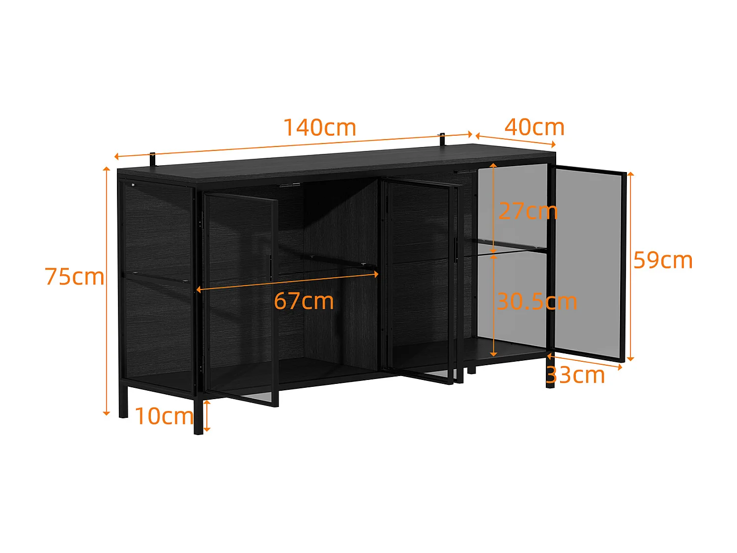 Buffet de Salon en verre avec 4 Portes, Vitrine de Collection à Lumières LED Tricolores, Bureau et Salon, 140x40x75, Noir