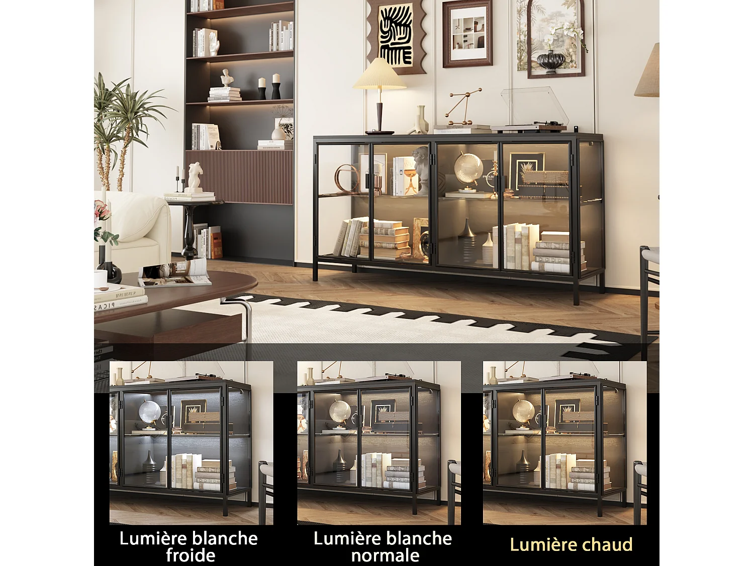 Buffet de Salon en verre avec 4 Portes, Vitrine de Collection à Lumières LED Tricolores, Bureau et Salon, 140x40x75, Noir