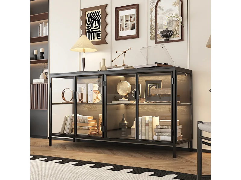 Buffet de Salon en verre avec 4 Portes, Vitrine de Collection à Lumières LED Tricolores, Bureau et Salon, 140x40x75, Noir