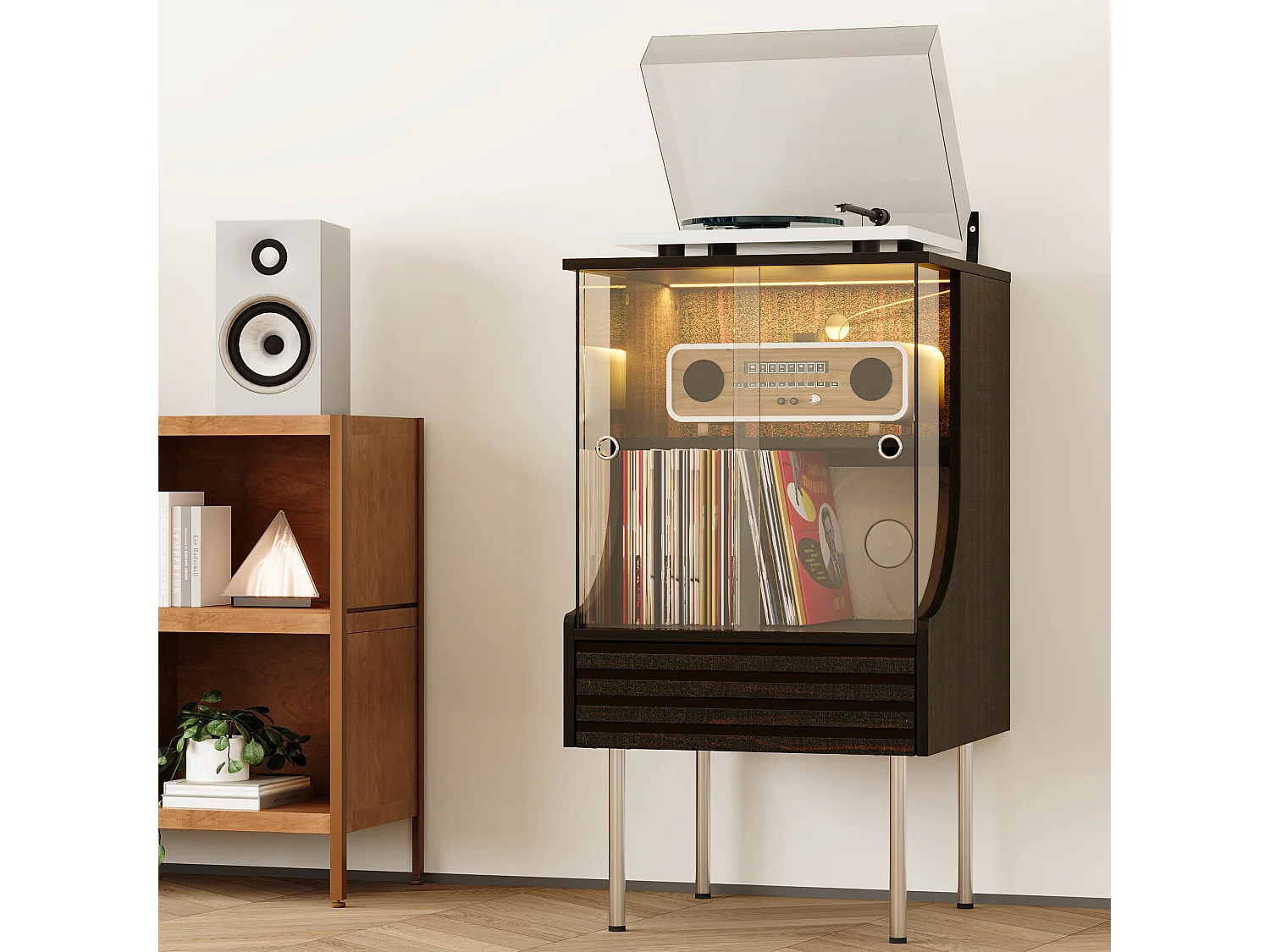 Petit Meuble de Rangement avec Porte Coulissante pour Tourne-disque/Vinyle, Éclairage LED, Compartiment et Tiroir, 50x50x90, Noyer
