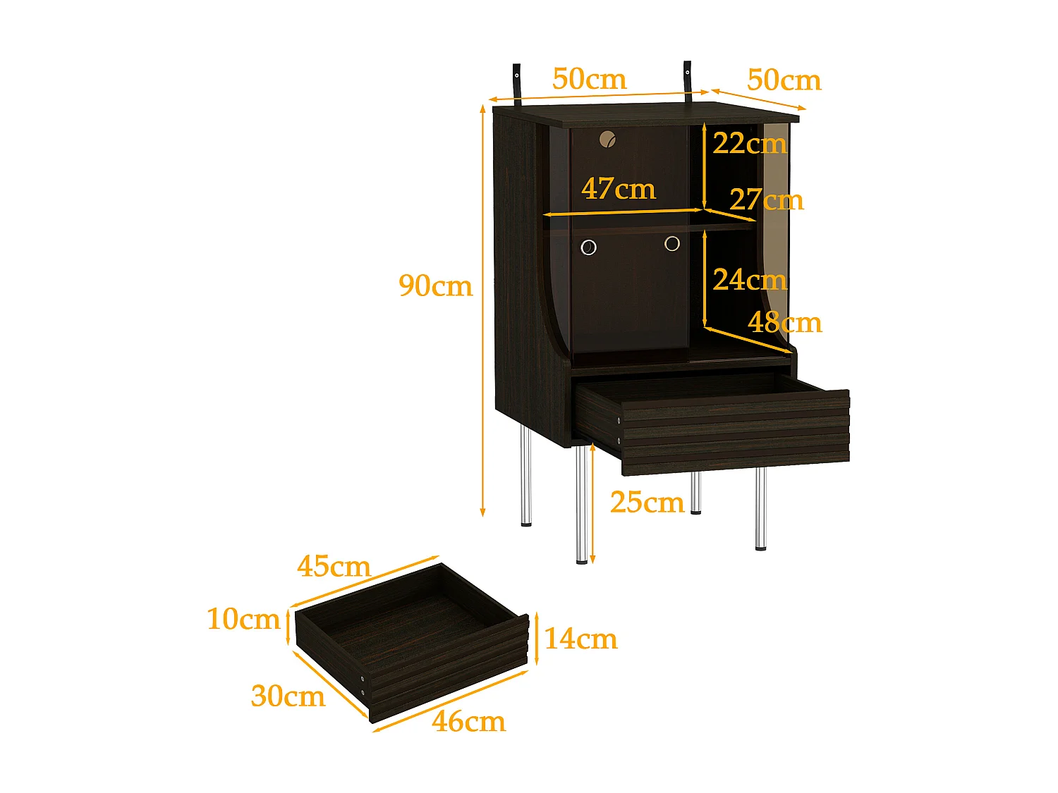 Petit Meuble de Rangement avec Porte Coulissante pour Tourne-disque/Vinyle, Éclairage LED, Compartiment et Tiroir, 50x50x90, Noyer