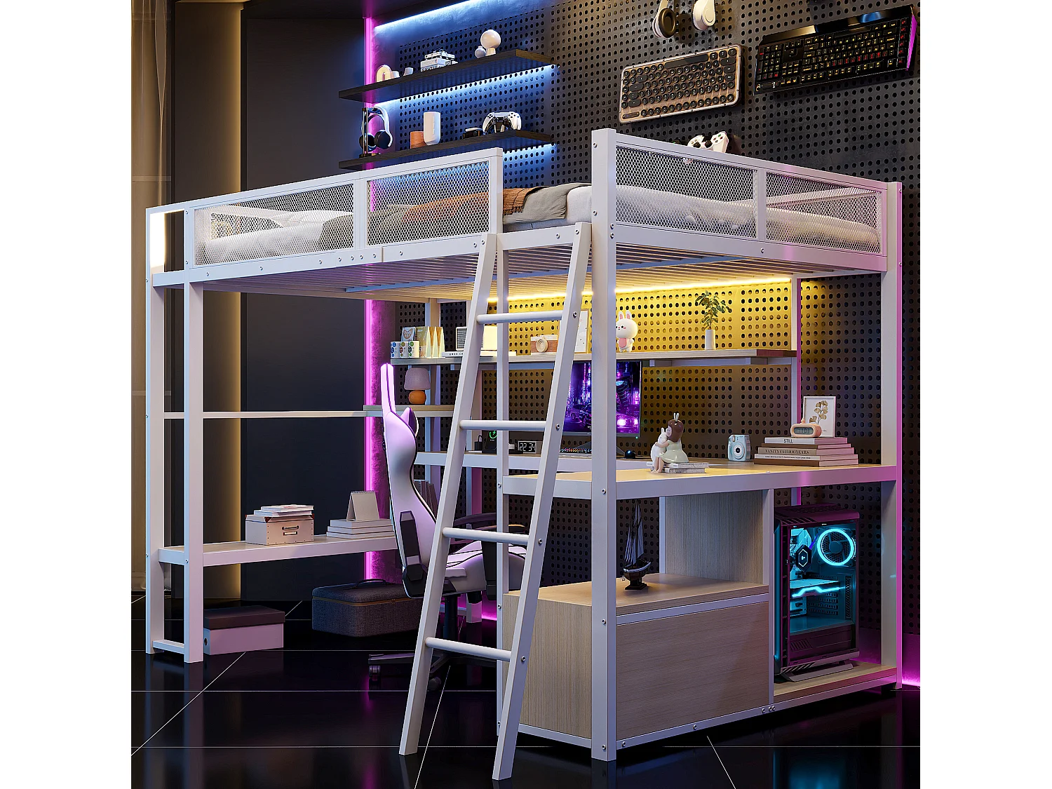 Lit mezzanine en métal pour enfant - 140 x 200 cm - avec bureau intégré + Leds + rangements - blanc