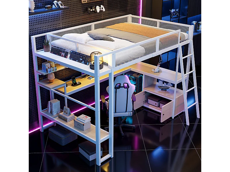 Lit mezzanine en métal pour enfant - 140 x 200 cm - avec bureau intégré + Leds + rangements - blanc